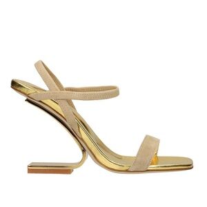 Jeffrey Campbell Geometric Gold & Beige Suede Sandals | Sculptural Heel